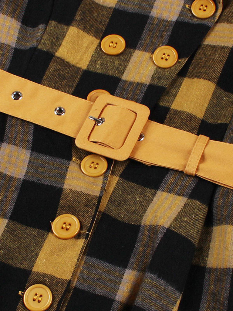 1950er Gingham Plaid Tasten Revers Gürtel Kleid
