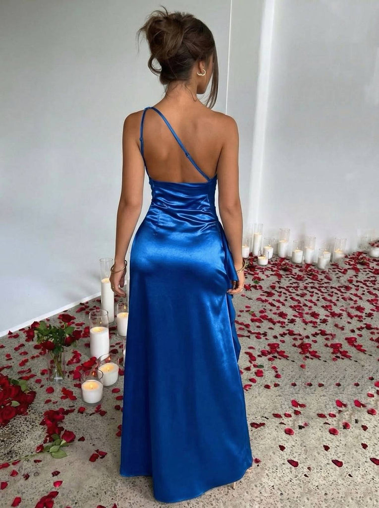 1960er Eine Schulter Gerüscht Schlitz Satin Kleid