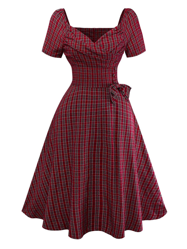 Rot 1950er Plaid Gerüschtes Herzförmiger Hals Bogen Kleid