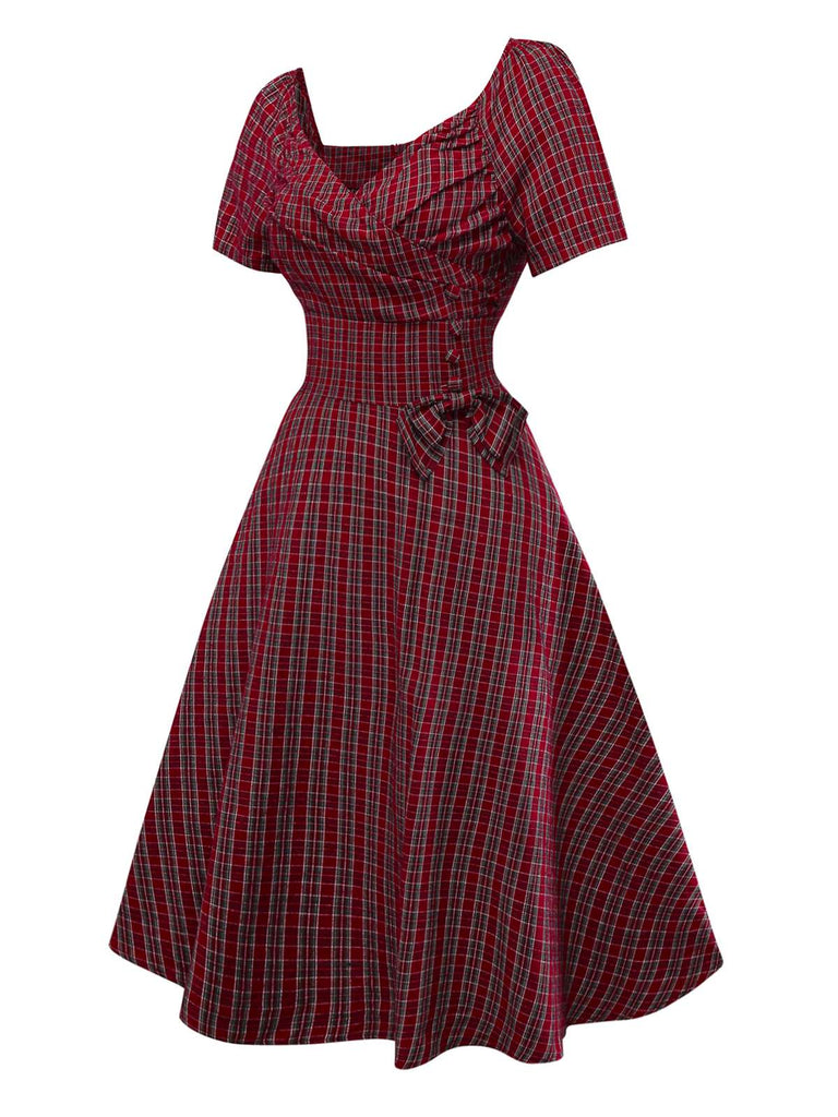 Rot 1950er Plaid Gerüschtes Herzförmiger Hals Bogen Kleid