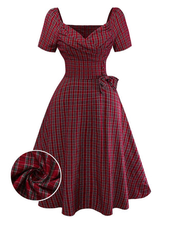 Rot 1950er Plaid Gerüschtes Herzförmiger Hals Bogen Kleid