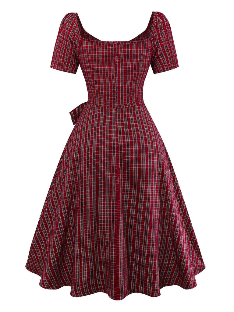 Rot 1950er Plaid Gerüschtes Herzförmiger Hals Bogen Kleid