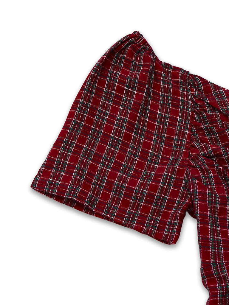 Rot 1950er Plaid Gerüschtes Herzförmiger Hals Bogen Kleid