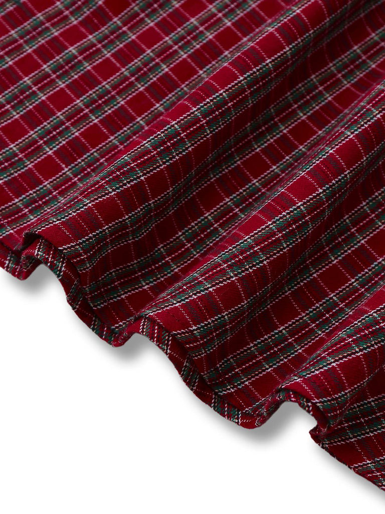 Rot 1950er Plaid Gerüschtes Herzförmiger Hals Bogen Kleid
