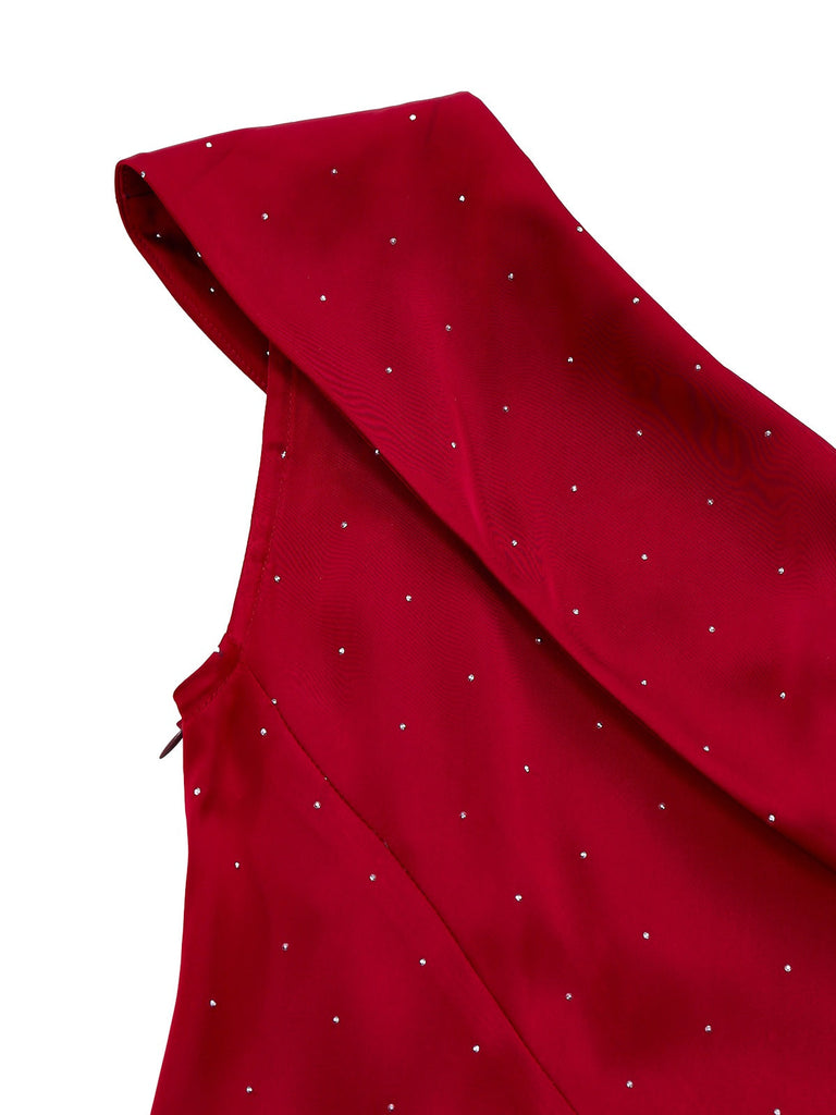 [Vorverkauf] Weinrot 1960er Satin Strassstein Schulterfrei Kleid