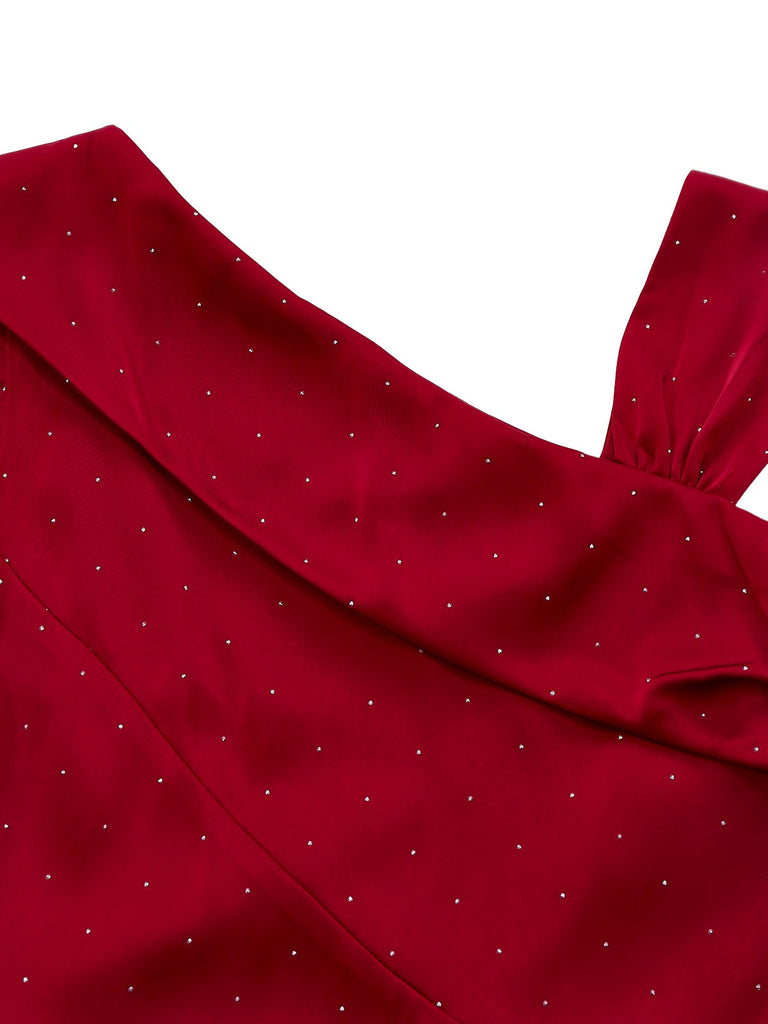 [Vorverkauf] Weinrot 1960er Satin Strassstein Schulterfrei Kleid