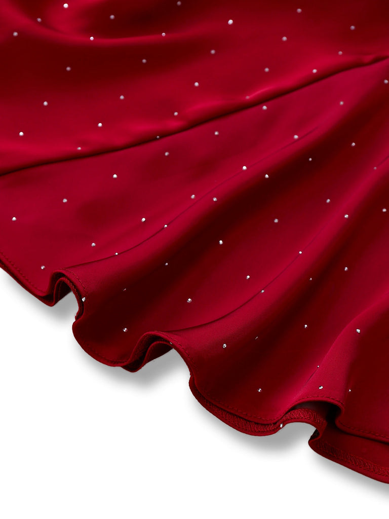 [Vorverkauf] Weinrot 1960er Satin Strassstein Schulterfrei Kleid