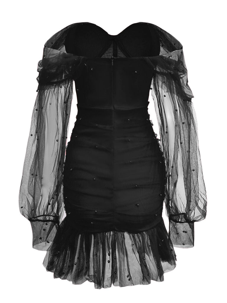 1960er Perlen Herzförmiger Hals Schulterfrei Netz Kleid