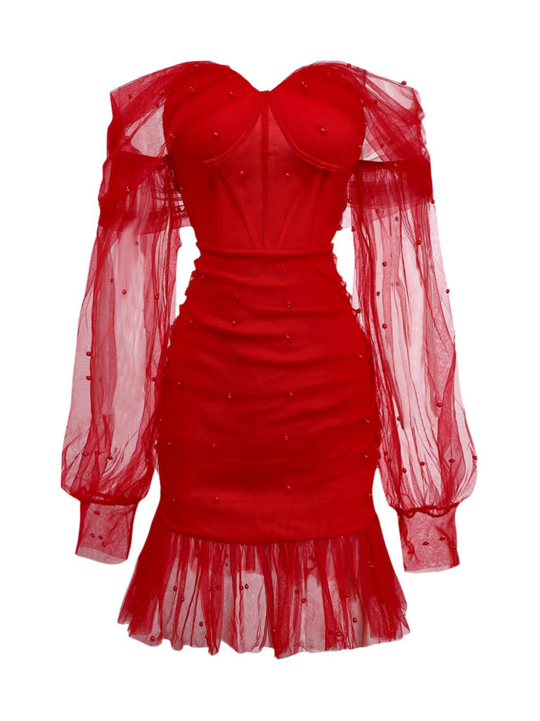 1960er Perlen Herzförmiger Hals Schulterfrei Netz Kleid