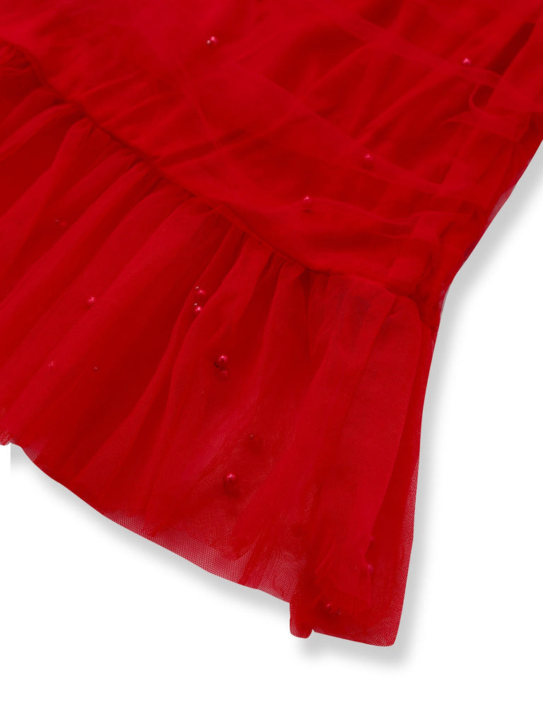 1960er Perlen Herzförmiger Hals Schulterfrei Netz Kleid