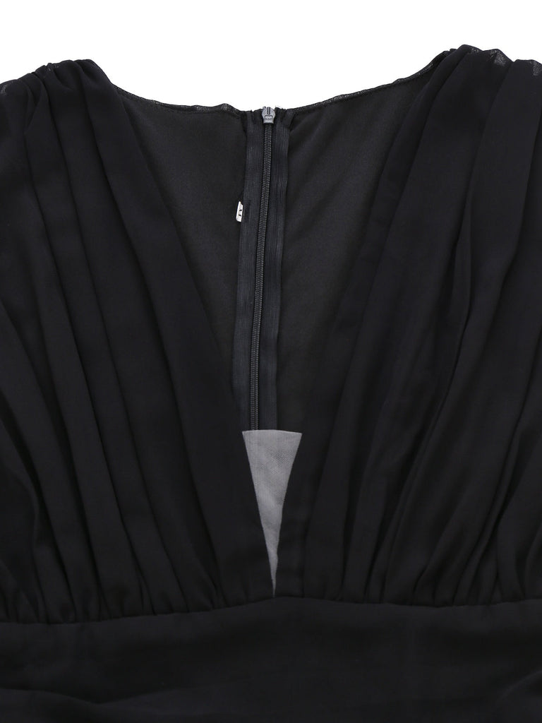 Grün 1930er Pailletten Tief V Tüll Ärmellos Kleid