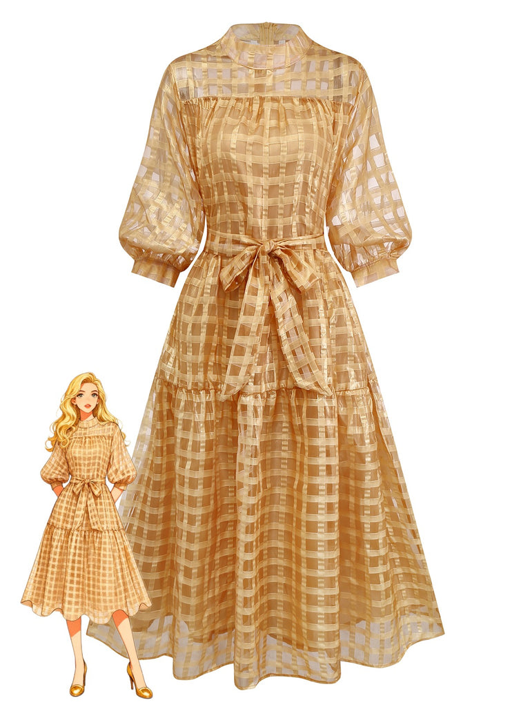 Gold 1940er Sheer Grid Puffärmel Gürtel Midi Party Kleid