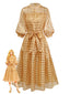 Gold 1940er Sheer Grid Puffärmel Gürtel Midi Party Kleid