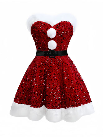 Rot 1960er Weihnachten Fell Pailletten Trägerlos Kleid
