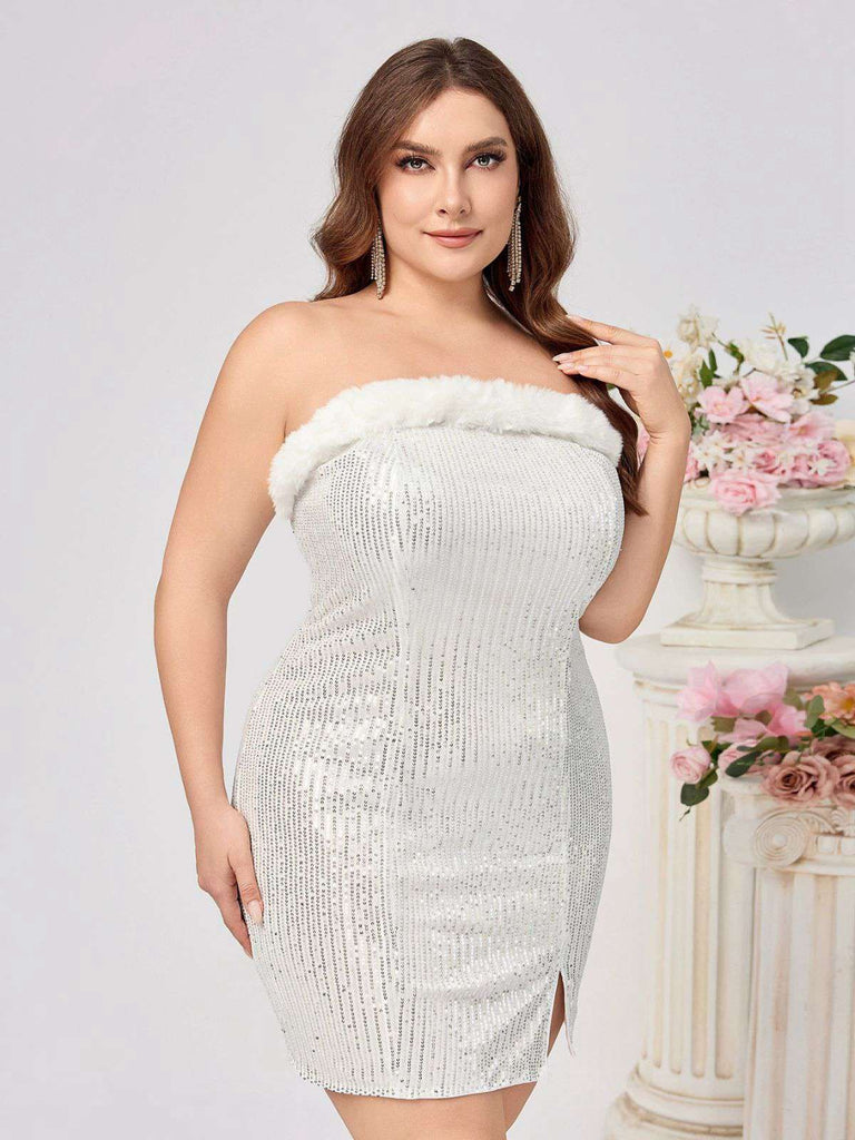 [Übergröße] Weiß 1960er Plüschkragen Pailletten Enges Kleid