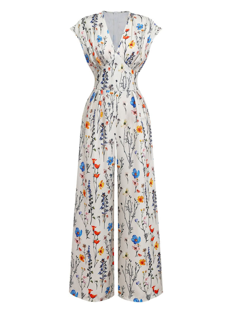 Beige 1950er Blumen V-Ausschnitt Flügelärmel Jumpsuit