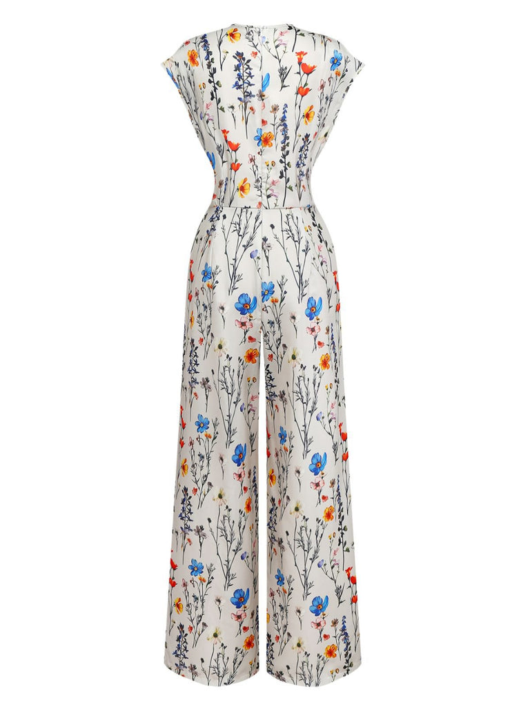 Beige 1950er Blumen V-Ausschnitt Flügelärmel Jumpsuit