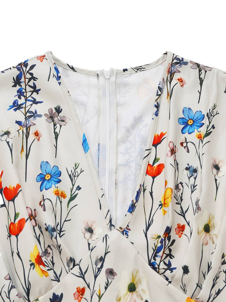 Beige 1950er Blumen V-Ausschnitt Flügelärmel Jumpsuit