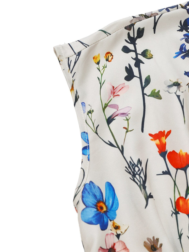 Beige 1950er Blumen V-Ausschnitt Flügelärmel Jumpsuit