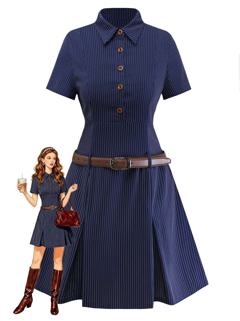 [Vorverkauf] Blau 1970er Nadelstreifen Plissiertes Hemd Kragen Kleid