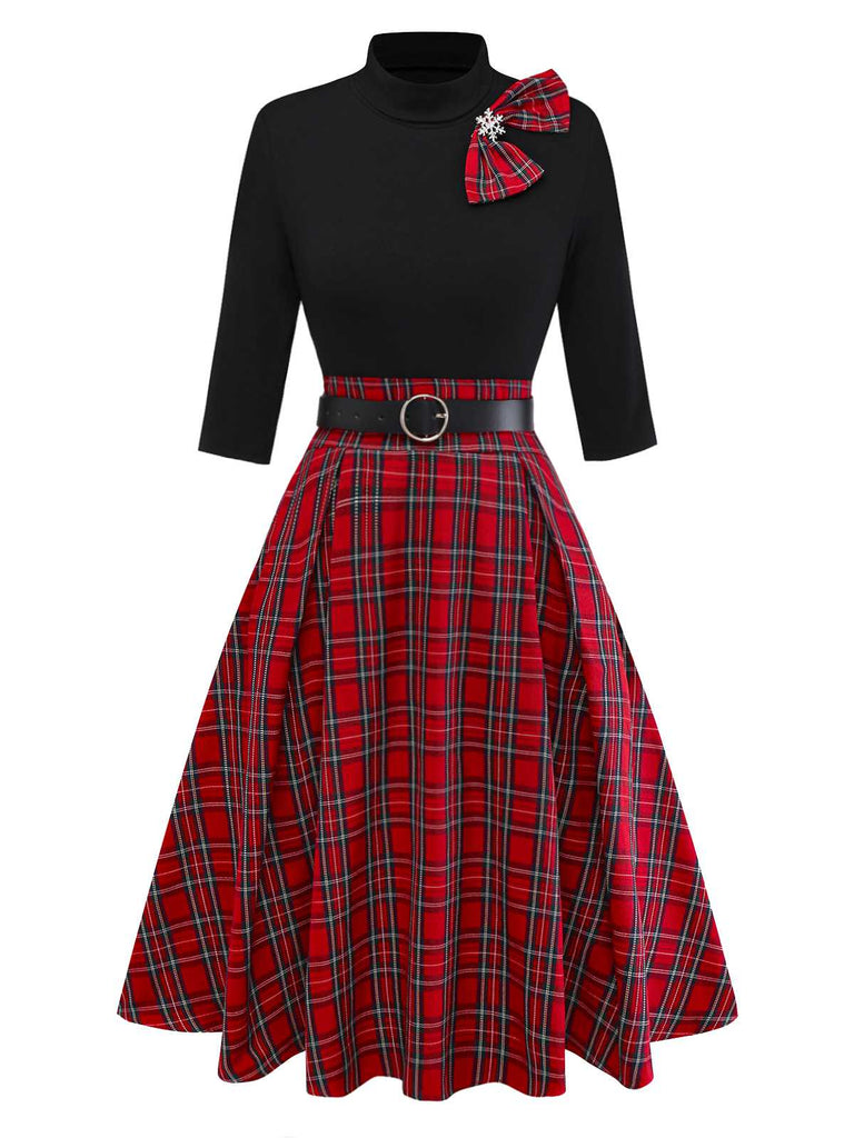 1950er Weihnachten Plaid Gürtel Kleid Mit Schneeflocke Brosche