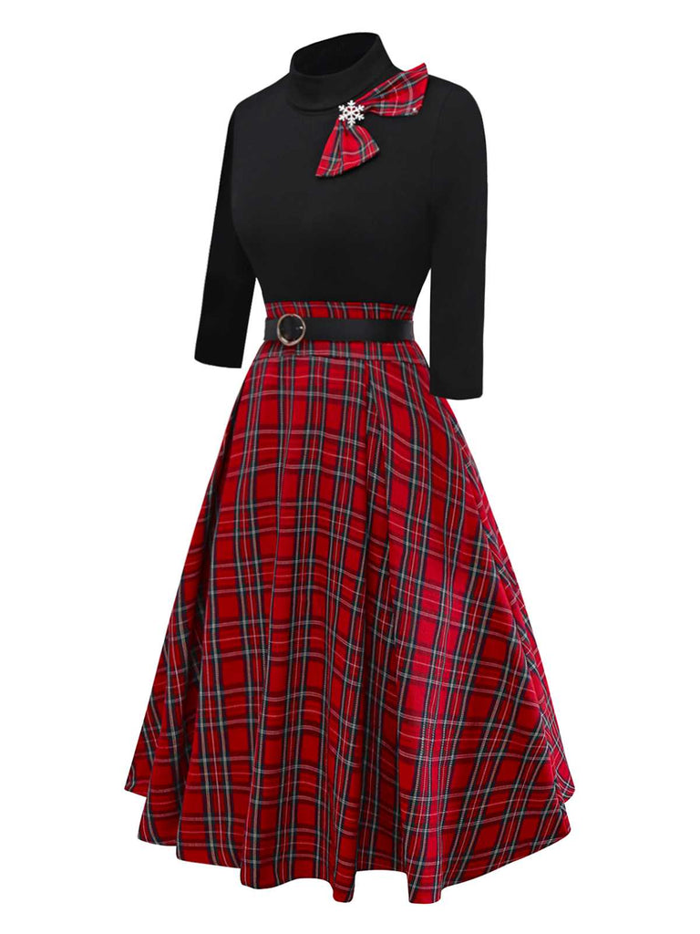 1950er Weihnachten Plaid Gürtel Kleid Mit Schneeflocke Brosche