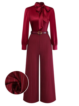 [Vorverkauf] Burgunderrot 1940er Satin Bogen Tie Streifen Weites Bein Jumpsuit