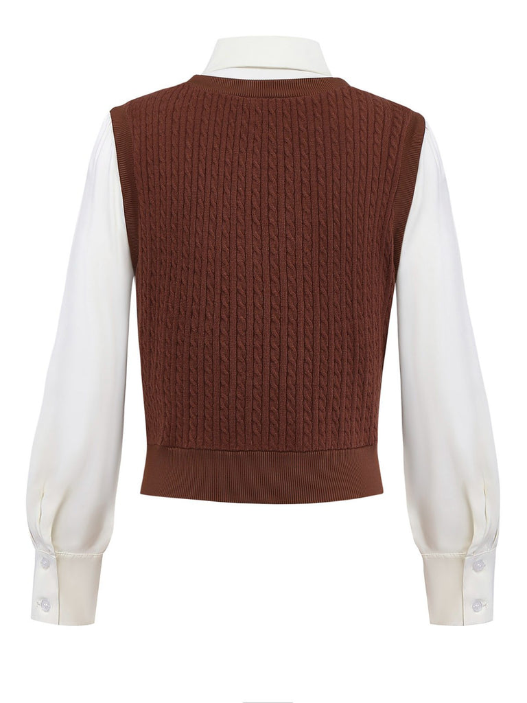 [Vorverkauf] Braun 1940er Stricken Weste Kunst-Zweiteilig Bluse