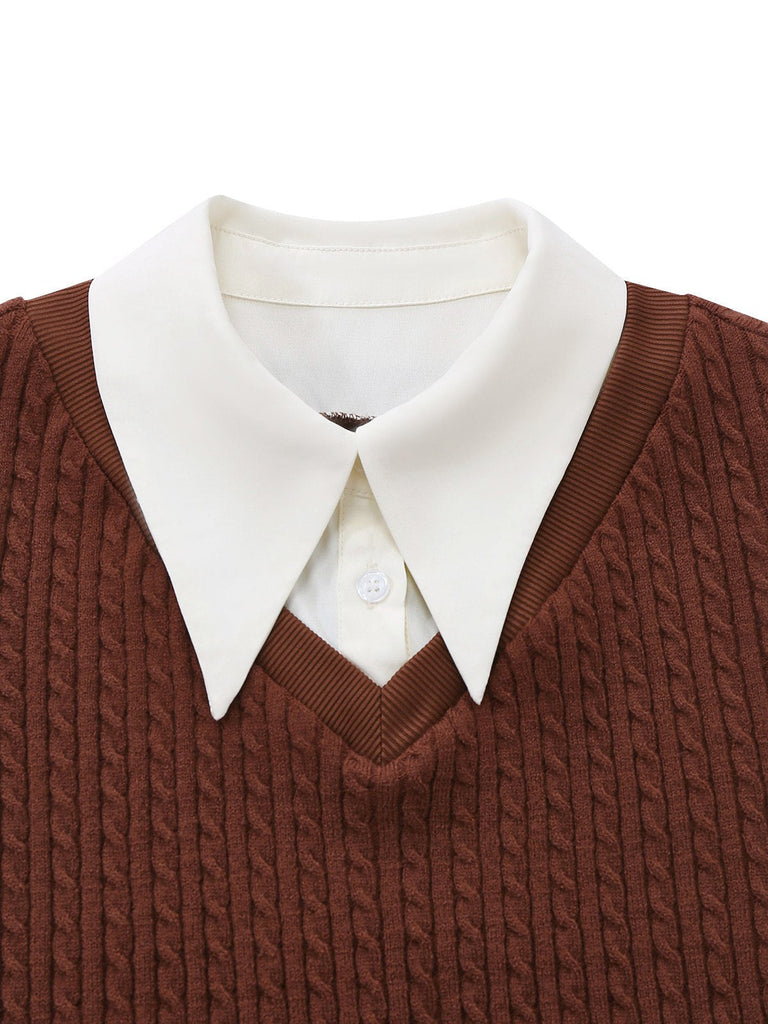 [Vorverkauf] Braun 1940er Stricken Weste Kunst-Zweiteilig Bluse