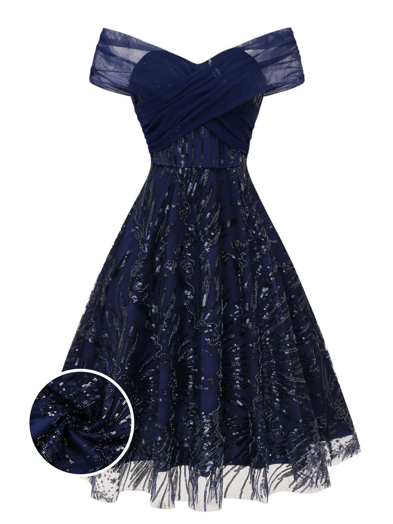 Blau 1950er Schulterfrei Stickerei Pailletten Blumen Kleid