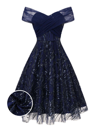 Blau 1950er Schulterfrei Stickerei Pailletten Blumen Kleid