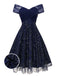 Blau 1950er Schulterfrei Stickerei Pailletten Blumen Kleid