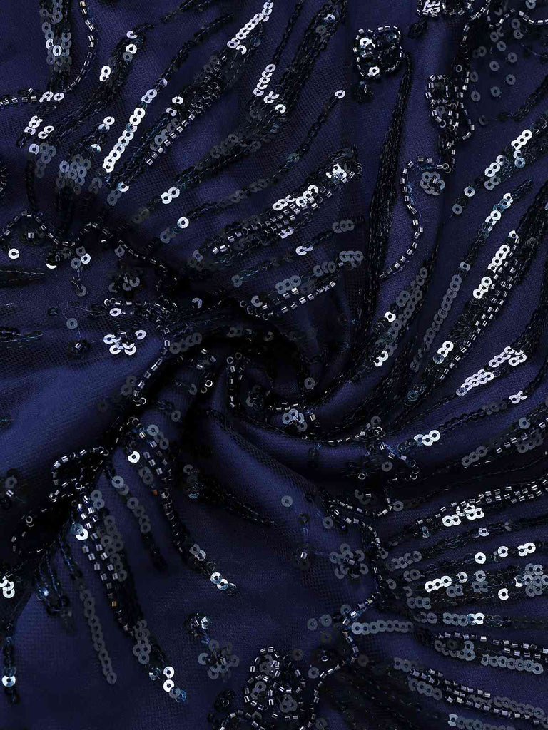 Blau 1950er Schulterfrei Stickerei Pailletten Blumen Kleid