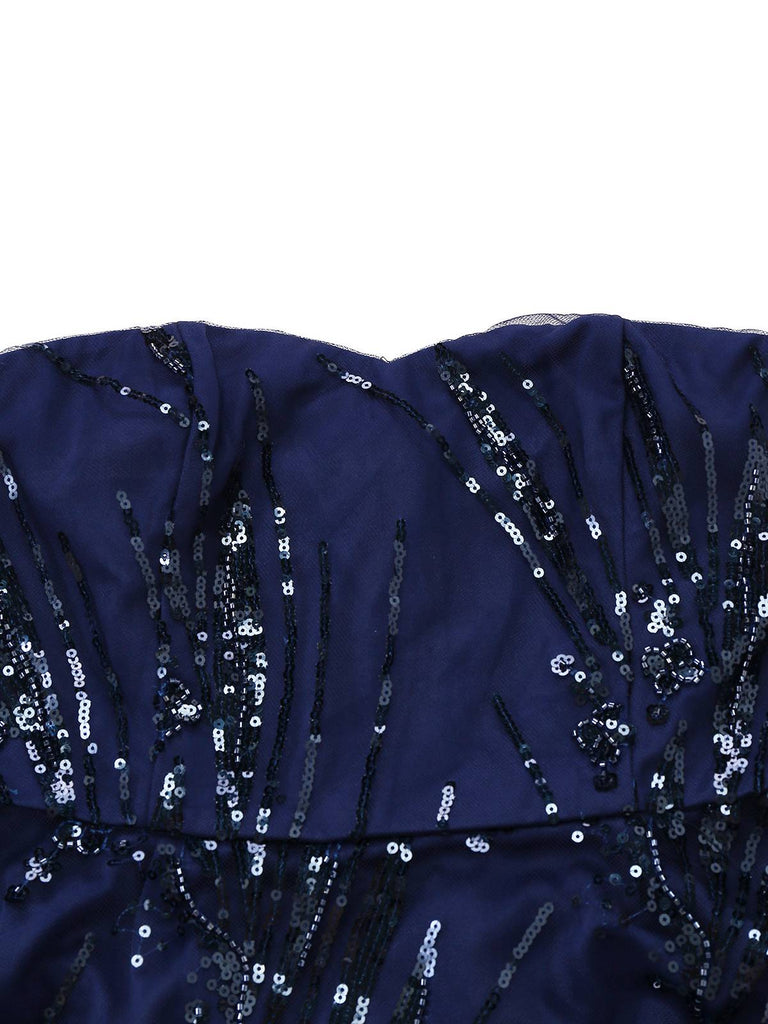 Blau 1950er Schulterfrei Stickerei Pailletten Blumen Kleid