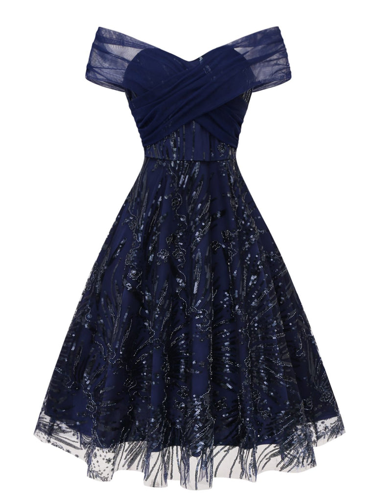 Blau 1950er Schulterfrei Stickerei Pailletten Blumen Kleid