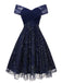 Blau 1950er Schulterfrei Stickerei Pailletten Blumen Kleid