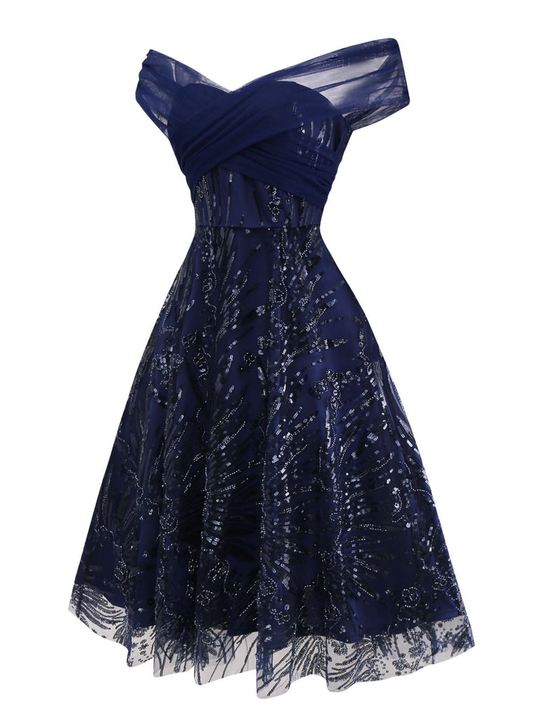 Blau 1950er Schulterfrei Stickerei Pailletten Blumen Kleid