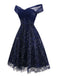 Blau 1950er Schulterfrei Stickerei Pailletten Blumen Kleid