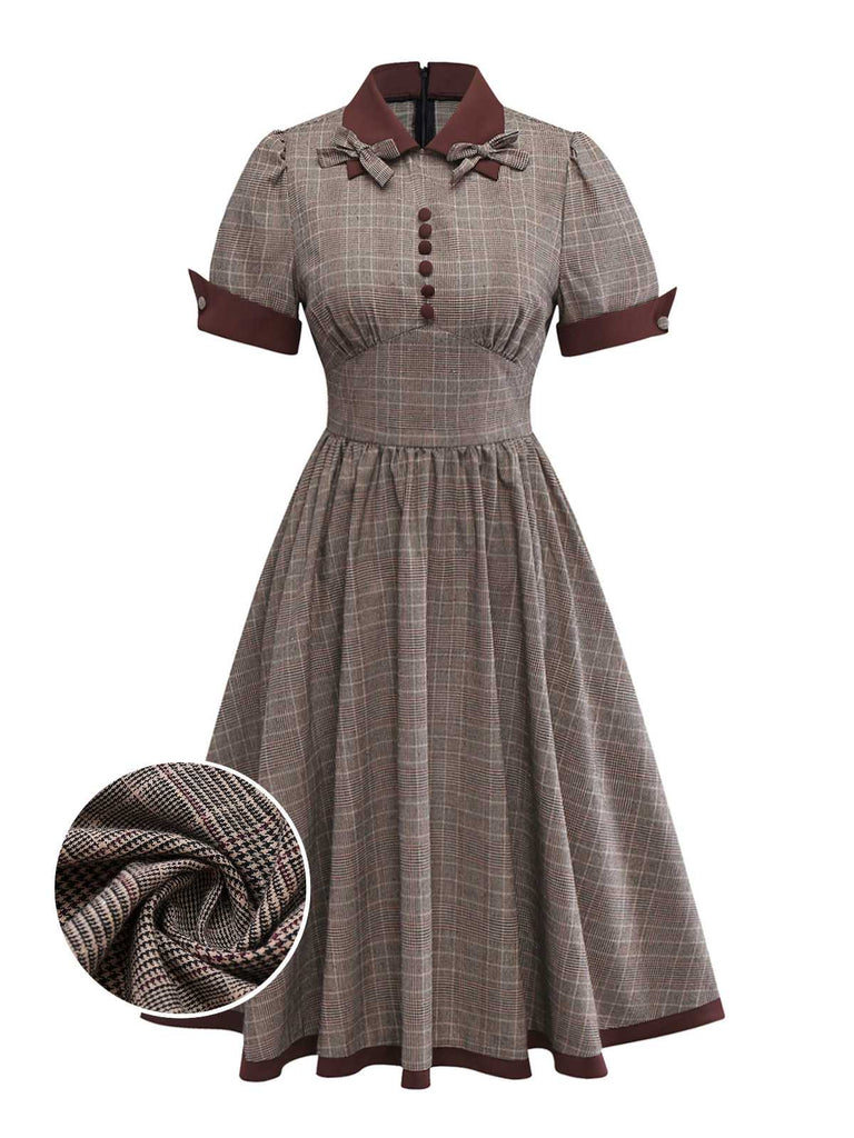 [Vorverkauf] Braun 1950er Revers Plaid Bogen Kleid