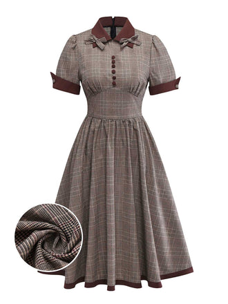 [Vorverkauf] Braun 1950er Revers Plaid Bogen Kleid