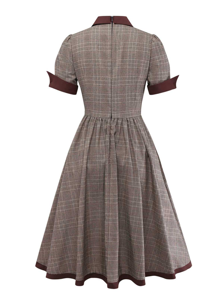[Vorverkauf] Braun 1950er Revers Plaid Bogen Kleid
