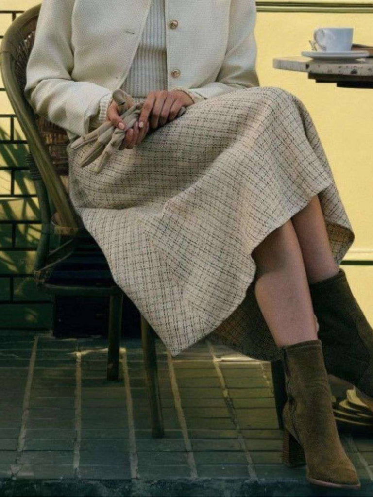 Beige 1940er Perle Taste Plaid Tweed A-Linie Rock