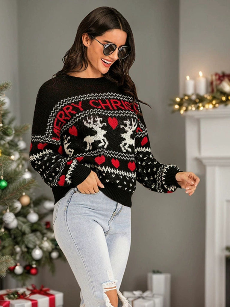 Schwarz 1930er Weihnachten Rentier Herzen Pullover