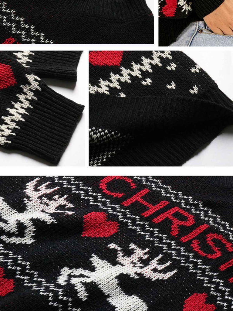 Schwarz 1930er Weihnachten Rentier Herzen Pullover