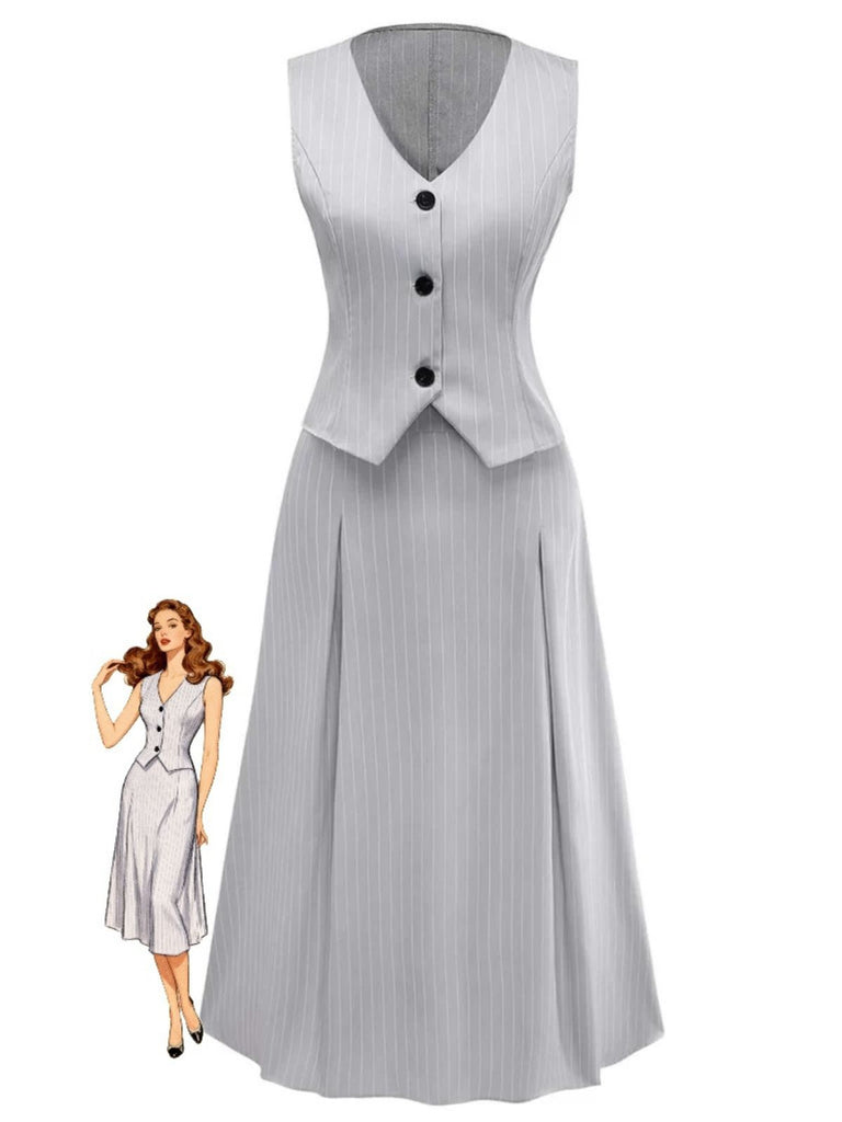 2PCS 1940er Streifen Ärmellos Weste & Midi Rock