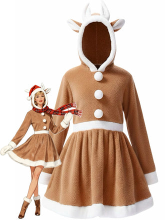 1960er Weihnachten Ren Hooded Korallenvlies Kleid