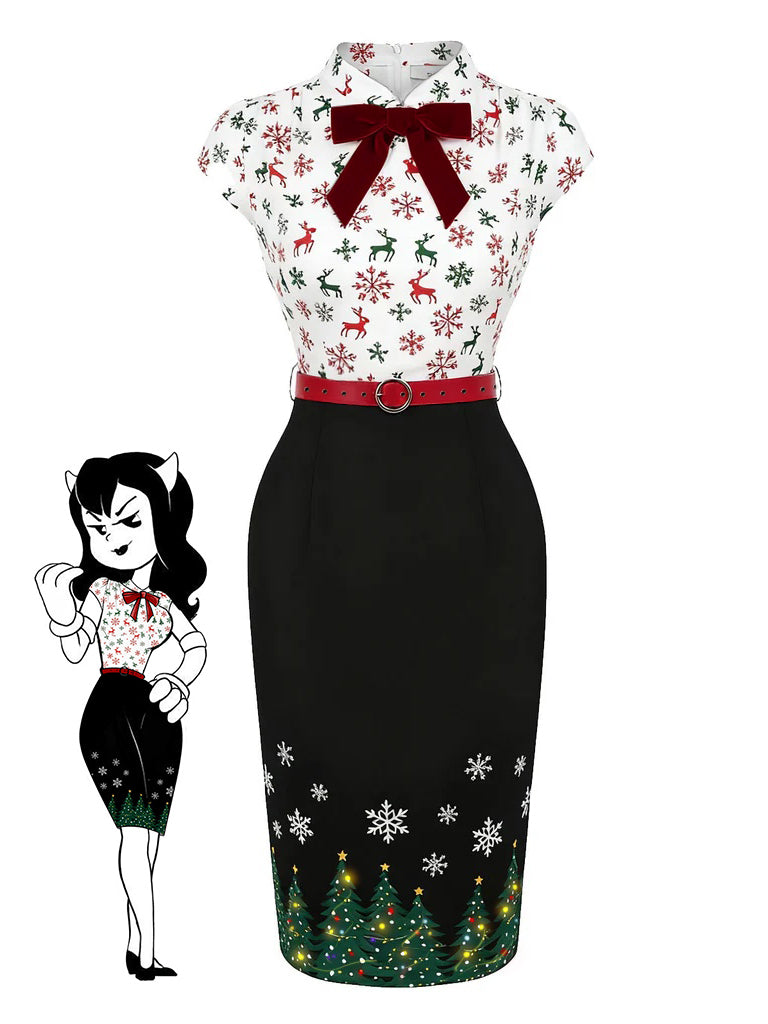 Schwarz 1960er Weihnachtsbaum Rentier Bleistift Kleid