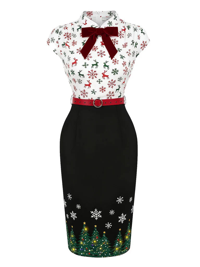 Schwarz 1960er Weihnachtsbaum Rentier Bleistift Kleid