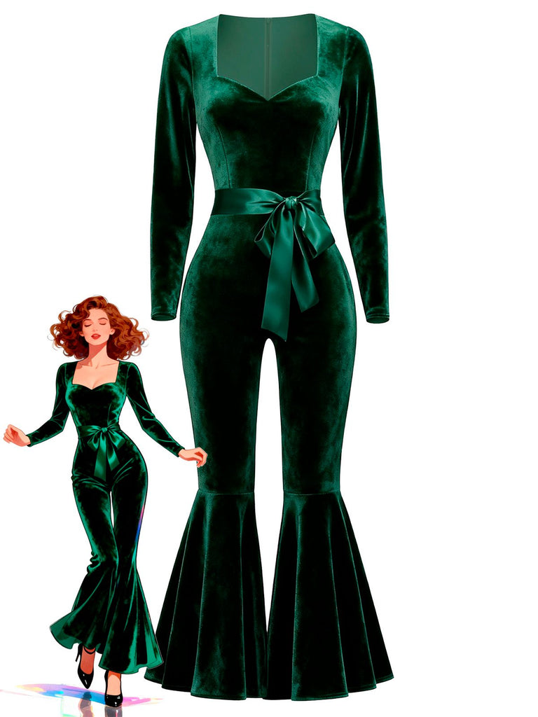 Grün 1970er Herzförmiger Ausgestelltes Bein Samt Jumpsuit