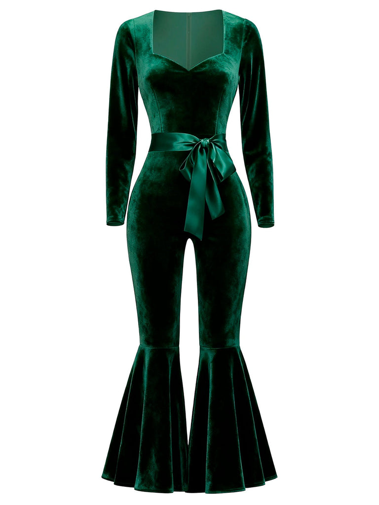 Grün 1970er Herzförmiger Ausgestelltes Bein Samt Jumpsuit